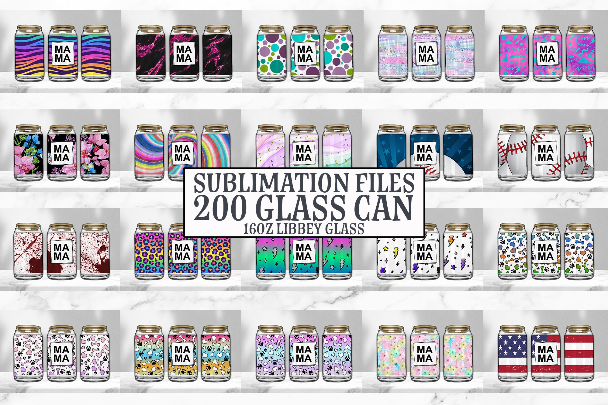 16oz Glass Can Tumbler Sublimation Design Bundle, Glass Can Wrap Png ...