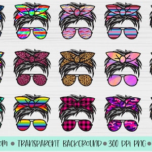 Könnte beinhalten: Set mit 20 digitalen Illustrationen einer Frau mit unordentlichem Haar, die eine Sonnenbrille und ein Stirnband trägt. Die Stirnbänder sind in verschiedenen Mustern, darunter Streifen, Leopardenmuster und Blumenmuster. Die Sonnenbrillen sind ebenfalls in verschiedenen Farben und Mustern.