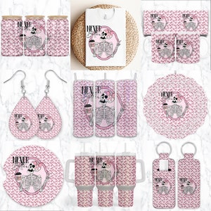 May include: A set of sublimation designs featuring a pink and white pattern with a skeleton holding a coffee cup and the text "Never Better". The designs include a t-shirt, mugs, tumblers, earrings, keychains, and coasters.