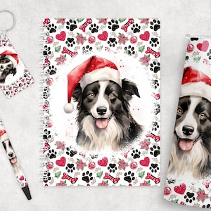 May include: A Christmas-themed gift set featuring a border collie wearing a Santa hat. The set includes a notebook, a pen, a tumbler, and a keychain, all with a white background and a repeating pattern of paw prints, bones, hearts, and holly.