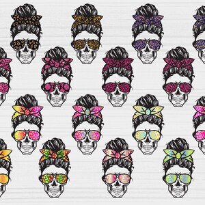 May include: A set of 20 digital clipart images featuring skull designs with a messy bun hairstyle, sunglasses, and various patterned headbands. The skulls are in black and white, with colorful headbands and sunglasses.