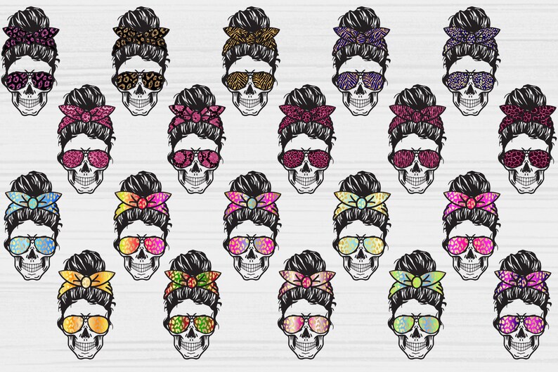 May include: A set of 20 digital clipart images featuring skull designs with a messy bun hairstyle, sunglasses, and various patterned headbands. The skulls are in black and white, with colorful headbands and sunglasses.