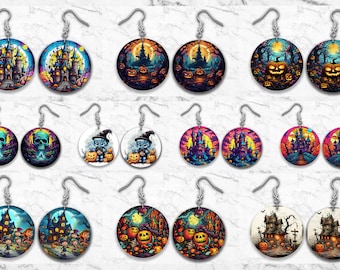 May include: A set of 12 pairs of Halloween-themed earrings. The earrings are round and feature various spooky designs, including haunted houses, pumpkins, and skulls. The earrings are made of wood and have silver hooks.