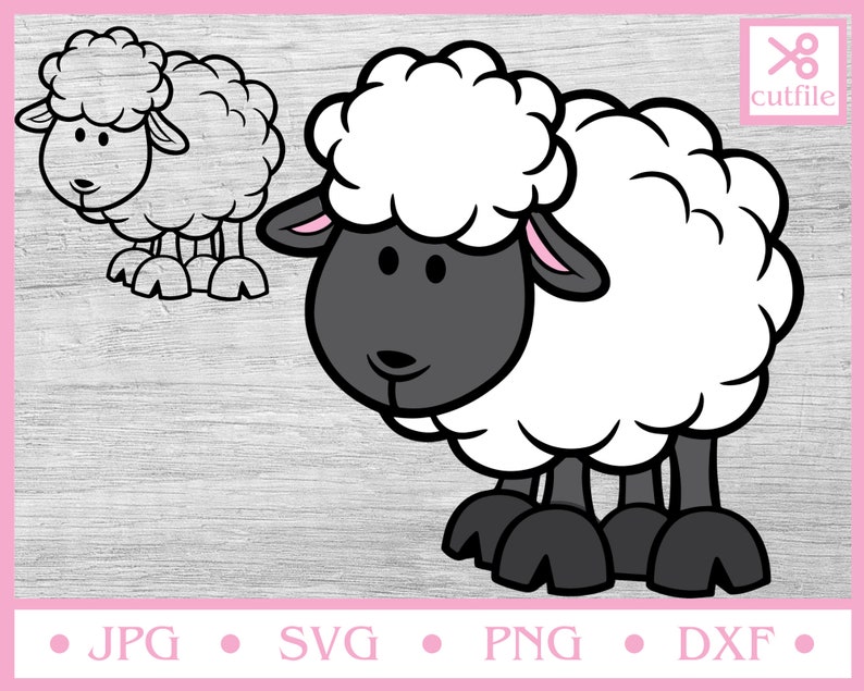 May include: A cartoon illustration of a white sheep with black hooves and a black face. The sheep has a fluffy white coat and is standing on a gray wooden background.