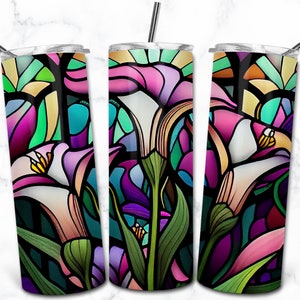 Modèle de conception de sublimation de gobelet maigre 20 oz vitrail lys calla, téléchargement numérique, vitrail fleur, verre nature floral
