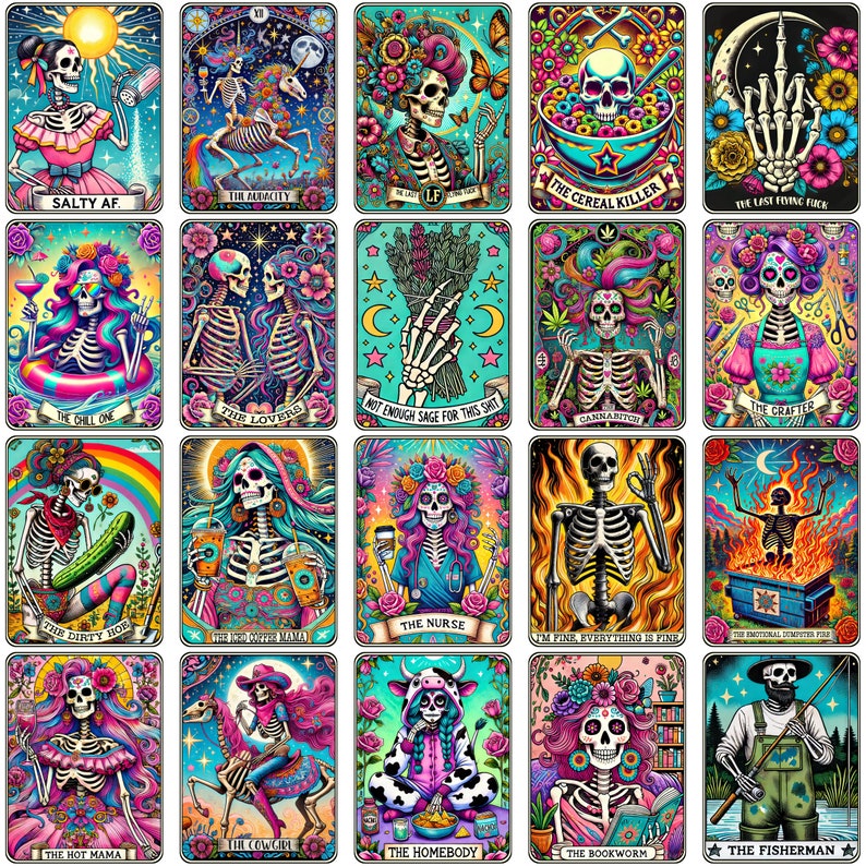 May include: A set of 16 colorful tarot cards featuring skeletons in various poses and settings. Each card has a unique title and design, including "Salty AF", "The Chill One", "The Nurse", and "The Fisherman".