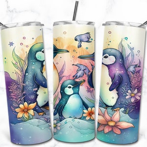 Plantillas de diseño de sublimación de vaso flaco de acuarela de pingüino de 20 oz, descarga digital de envoltura de vaso recto PNG, vaso de animales de la naturaleza