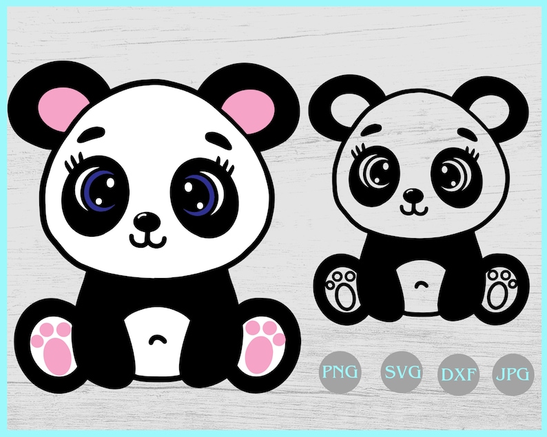 May include: Two cartoon panda bear illustrations. The pandas are black and white with pink accents on their ears and feet. The pandas have large, expressive eyes with blue and black pupils. The image includes file type icons: PNG, SVG, DXF, and JPG.