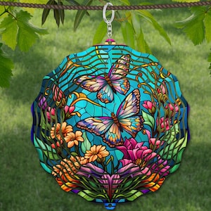 Modelo de design de sublimação de vitral de cata-vento de borboleta, cata-vento SVG, sublimação redonda de 10 polegadas, giradores redondos pendurados png,