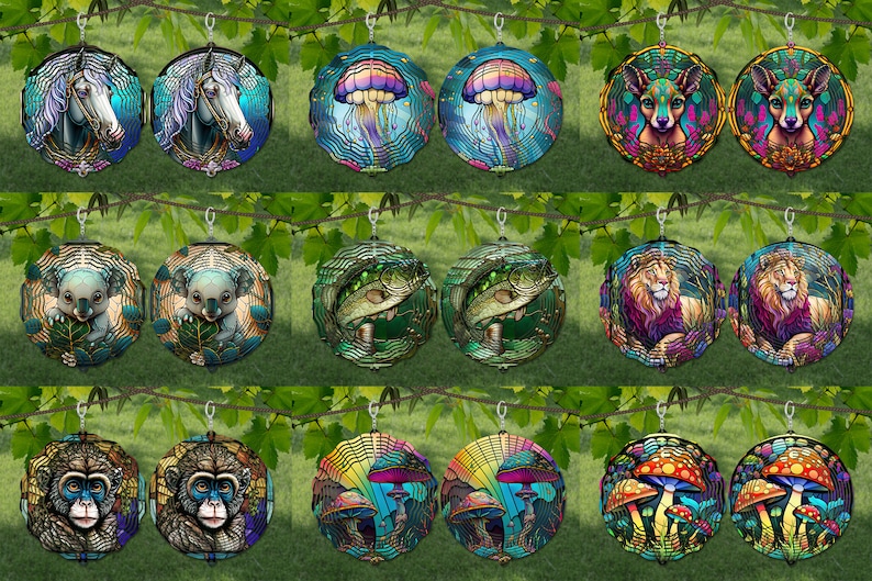 May include: A set of 12 pairs of colorful, round, glass earrings featuring various animal and nature-inspired designs. Each earring is a unique piece of art with intricate details and vibrant colors.