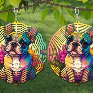 Frenchie Wind Spinner Sublimation, Dog Wind Spinner SVG, 10 pouces Round Door Hanger, Coaster Design, Suncatcher PNG, couronne signe PNG