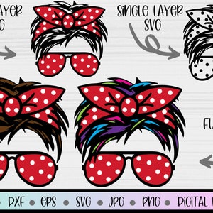 Puede incluir: Tres variaciones de un diseño digital que presenta a una mujer con el pelo desordenado y una diadema roja con lunares. El diseño está disponible en formatos SVG de media capa, capa única y capa completa. El texto "HALF LAYER SVG", "SINGLE LAYER SVG" y "FULL LAYER SVG" está incluido en la imagen.