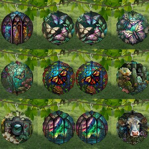 May include: Twelve decorative stained glass ornaments with various designs, including butterflies, flowers, and landscapes. The ornaments are suspended from a branch and have a black metal frame.