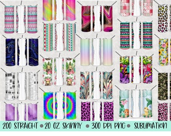 May include: A set of 20 oz skinny sublimation tumbler designs. The designs include various patterns, such as marble, tie-dye, animal print, and floral. The tumblers are 20 oz skinny and are perfect for sublimation.