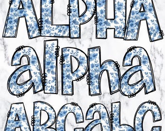 Chinoiserie Floral Doodle Letters PNG Bundle, Blue Toile Alpha Clipart, Blue and White Flower Floral Doodle, Sublimation Alpha Set PNG