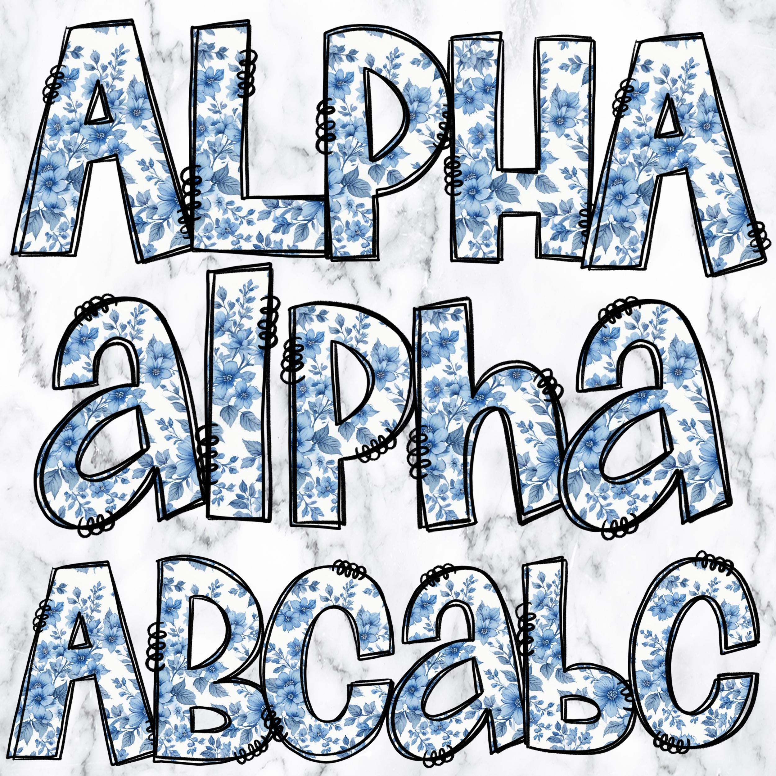 Chinoiserie Floral Doodle Letters PNG Bundle, Blue Toile Alpha Clipart ...