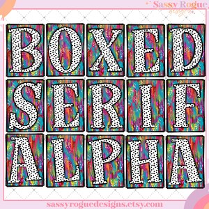 以下が含まれることがあります： 白のドット模様のカラフルなアルファベットステッカー9個セット。文字は「BOXED SERIF ALPHA」と綴られています。