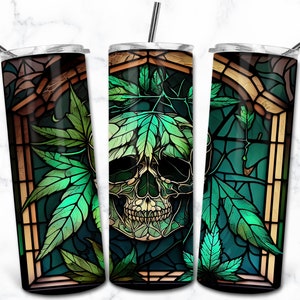 Skull Weed Vitrail 20oz Skinny Tumbler Sublimation Design Template, Téléchargement numérique Straight Tumbler Wrap PNG, Vitrail PNG