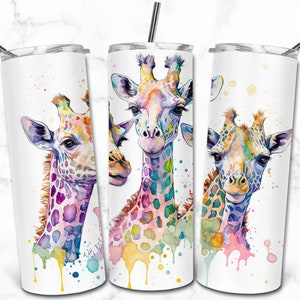 Girafe aquarelle 20 oz gobelet skinny Sublimation modèles, téléchargement numérique gobelet droit Wrap PNG, gobelet animaux Nature