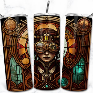 Steampunk Stained Glass 20oz Skinny Tumbler Sublimation Design Template, Digital Download Straight Tumbler Wrap PNG, Stained Glass PNG