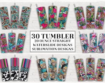 May include: 30 Tumbler 20 Ounce Straight Waterslide Designs Sublimation Designs. A collection of 20 ounce straight tumblers with various colorful designs featuring cacti, hearts, animal prints, and geometric patterns.