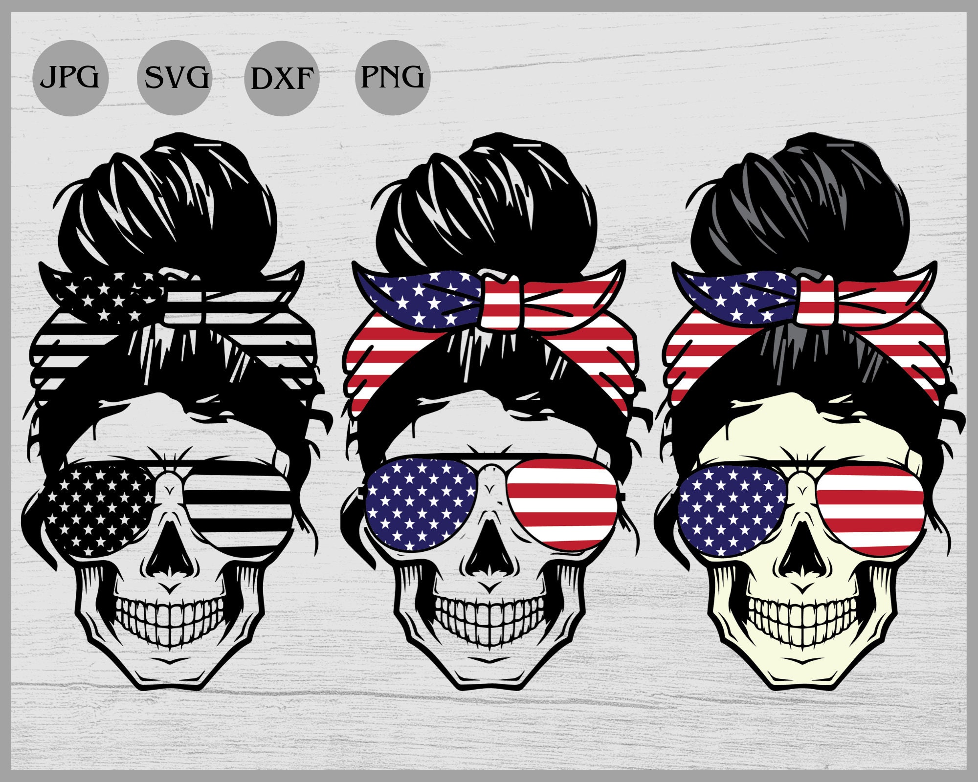 Download American Flag Skull Svg Messy Bun Skull Svg Mom Life Svg Etsy