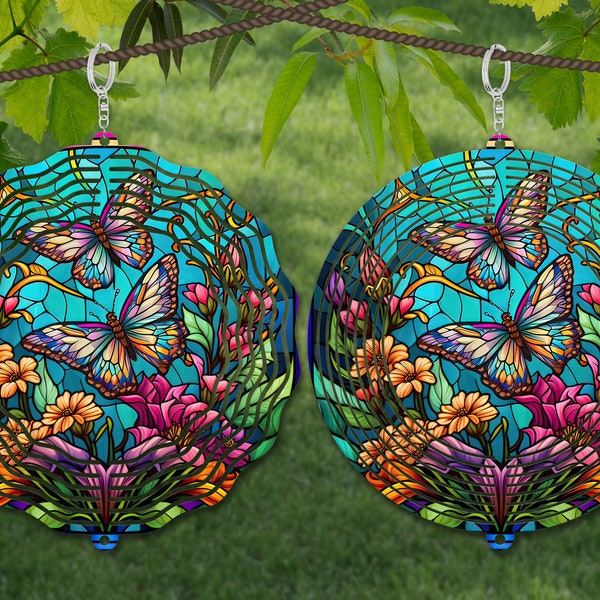 Butterfly Wind Spinner Stained Glass Sublimation Design Template, Wind Spinner SVG, 10 inch Round Sublimation, Round Hanging Spinners png,