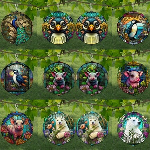 May include: A set of 12 stained glass ornaments featuring various animals, including peacocks, penguins, pigs, and polar bears. Each ornament is circular and has a colorful, intricate design.