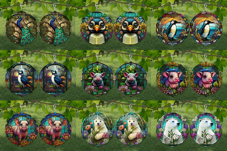 May include: A set of 12 stained glass ornaments featuring various animals, including peacocks, penguins, pigs, and polar bears. Each ornament is circular and has a colorful, intricate design.