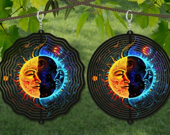 Plantilla de diseño de sublimación de spinner de viento de sol y luna, spinner de viento de neón SVG, sublimación redonda de 10 pulgadas, spinners colgantes redondos png