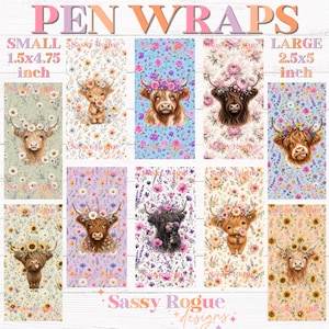 Op de afbeelding: Een collectie rechthoekige penwraps met illustraties van Schotse Hooglanders met bloemenkransen. De ontwerpen bevatten diverse bloemenpatronen en houdingen. Tekstlabels geven kleine maten van 3,81x12,07 cm en grote maten van 6,35x12,7 cm aan.