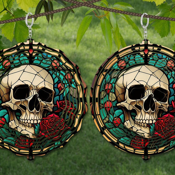 Skull Wind Spinner Watercolor Sublimation Design Template, Wind Spinner SVG, 10 inch Round Sublimation, Round Hanging Spinners png,
