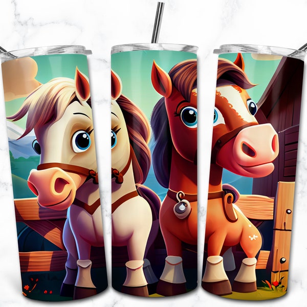 Horse 20oz Skinny Tumbler Sublimation Design Templates, Cute Digital Download, Cartoon Tumbler Wrap PNG, Kids Childrens Tumbler,