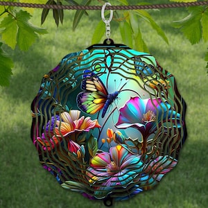 Butterfly Wind Spinner Stained Glass Sublimation Design Template, Wind Spinner SVG, 10 inch Round Sublimation, Round Hanging Spinners png,