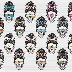 May include: A set of 20 digital clipart images featuring skull designs with a messy bun hairstyle and various patterned headbands and sunglasses. The skulls are in black and white, with colorful patterns on the headbands and sunglasses.