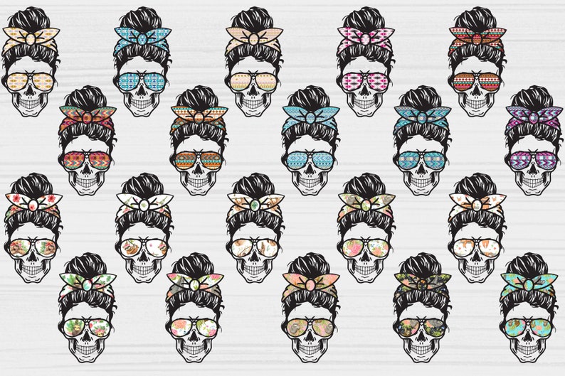 May include: A set of 20 digital clipart images featuring skull designs with a messy bun hairstyle and various patterned headbands and sunglasses. The skulls are in black and white, with colorful patterns on the headbands and sunglasses.