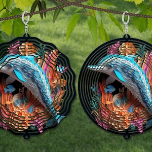 Modèle de conception de sublimation de plume de papier de spinner de vent de dauphin, essoreuse de vent 3D SVG, sublimation ronde de 10 pouces, fileuses suspendues rondes