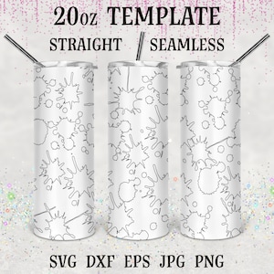 May include: A sublimation template for a 20 ounce straight tumbler with a seamless design of black ink splatters on a white background. The template is available in SVG, DXF, EPS, JPG, and PNG formats.