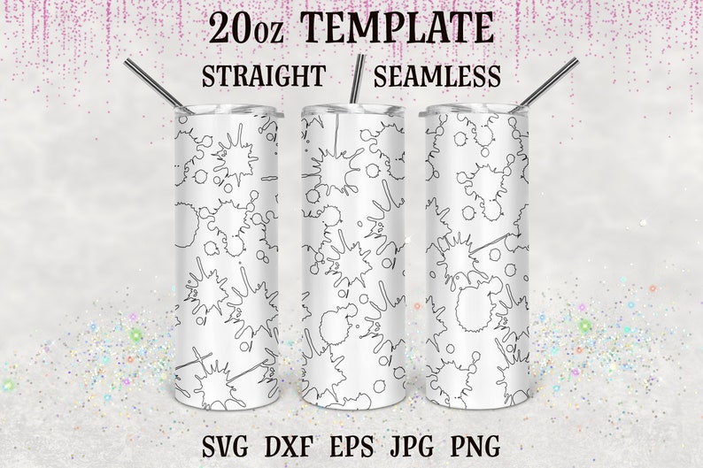 May include: A sublimation template for a 20 ounce straight tumbler with a seamless design of black ink splatters on a white background. The template is available in SVG, DXF, EPS, JPG, and PNG formats.