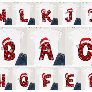 May include: Ten white t-shirts with red and black plaid letters, each letter is topped with a Santa hat. The letters spell out the word "H-A-P-P-Y-H-O-L-I-D-A-Y-S".
