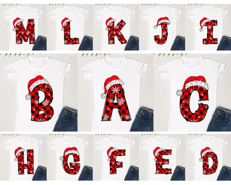 May include: Ten white t-shirts with red and black plaid letters, each letter is topped with a Santa hat. The letters spell out the word "H-A-P-P-Y-H-O-L-I-D-A-Y-S".