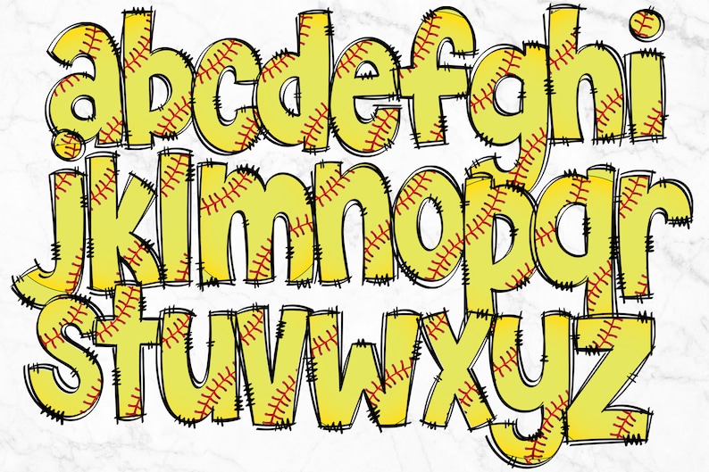 May include: A set of uppercase letters in a yellow and red softball design. The letters are outlined in black and have a stitched look.