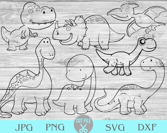Puede incluir: Ilustraciones en blanco y negro de línea de varios dinosaurios, incluyendo un T-Rex, un Triceratops, un Pterodactyl y un Brachiosaurus.