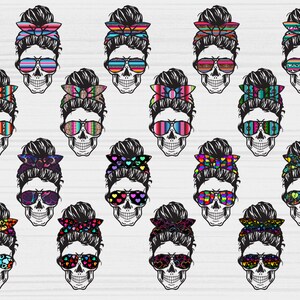 May include: A set of 20 digital designs featuring a skull with a messy bun and sunglasses. Each design has a different pattern on the bun and sunglasses. The patterns include hearts, stripes, and geometric designs in various colors.