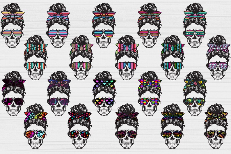 May include: A set of 20 digital designs featuring a skull with a messy bun and sunglasses. Each design has a different pattern on the bun and sunglasses. The patterns include hearts, stripes, and geometric designs in various colors.