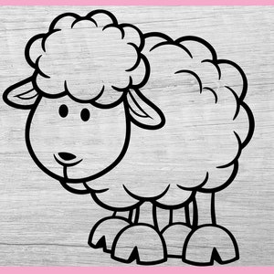 May include: A black and white line drawing of a cartoon sheep with a fluffy head and a rounded body. The sheep is standing on four legs and has a simple, friendly face.
