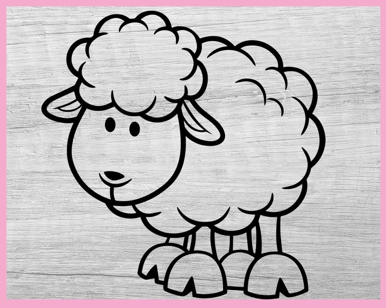 May include: A black and white line drawing of a cartoon sheep with a fluffy head and a rounded body. The sheep is standing on four legs and has a simple, friendly face.