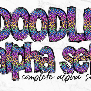 Conjunto de letras do alfabeto com estampa de leopardo PNG, clipart do alfabeto, doodle desenhado à mão do arco-íris, conjuntos alfa de sublimação PNG