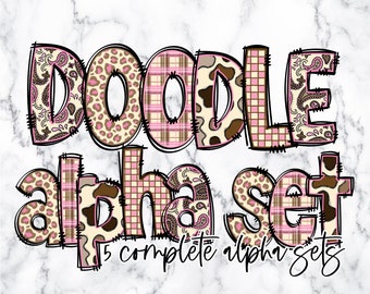 Różowa kowbojka Doodle Alfabet Litery PNG Pakiet, Alfabet Clipart, Dziewczyna z Zachodu Rysowane Ręcznie Doodle, Popularne Wzory Zestawów Alfabetu Sublimacji PNG