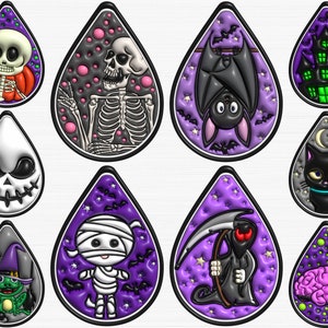 Op de afbeelding: Tien Halloween-thema resin charms in de vorm van druppels. Elke charme heeft een ander griezelig personage, waaronder een skelet, een geest, een vleermuis, een spookhuis, een kat, een mummie, de grim reaper, een brein, een kikker en een pompoen.